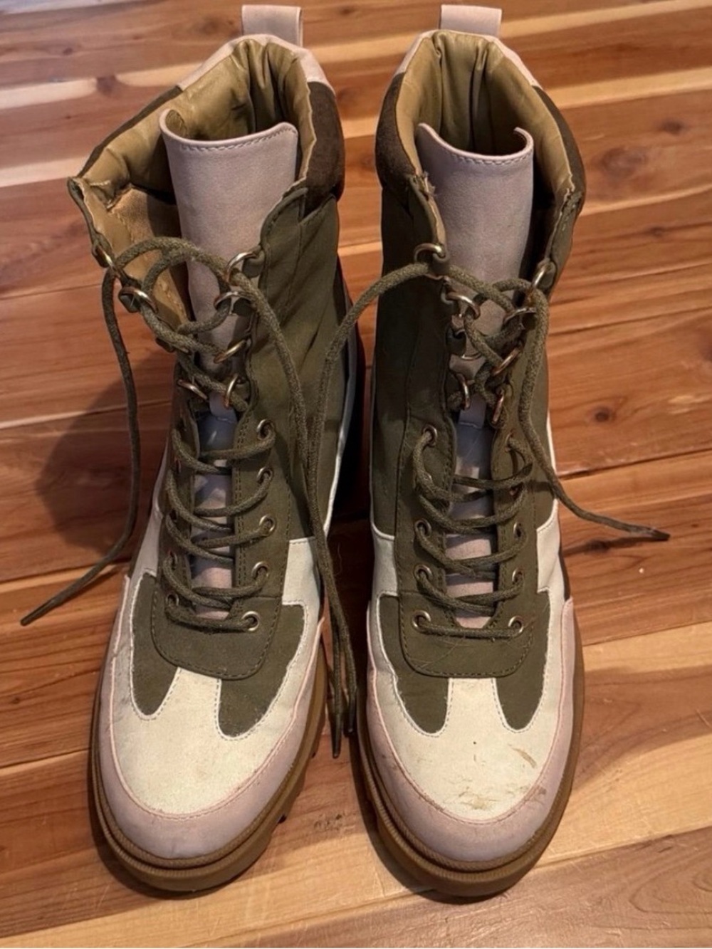 JustFab Olive Green and Cream Lace-Up Combat Boots